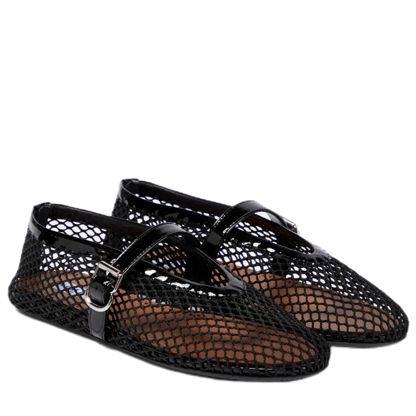 Women's Crystal Embellishead Ballet Flats Buckle Strap Mesh Fishnet Ballet Fallets