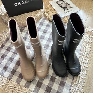 Women's Black Rubber Boots Knee High White CC Logo Caoutchouc Runway BNIB