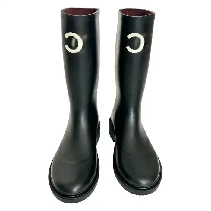 Women's Black Rubber Boots Knee High White CC Logo Caoutchouc Runway BNIB