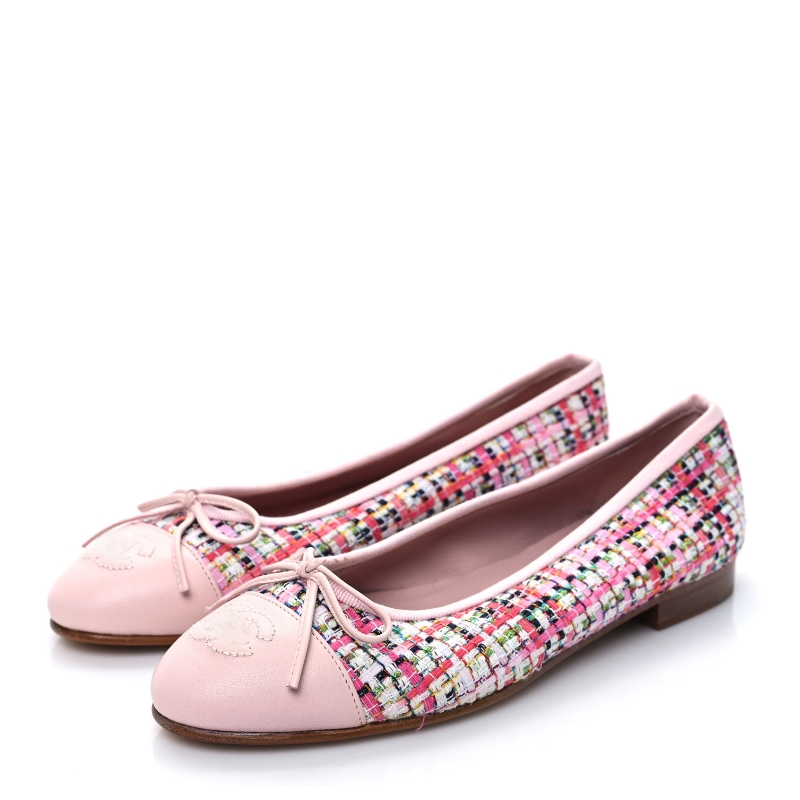 Women's Tweed Patent Cap Toe Ballerina Flats with CC Logo