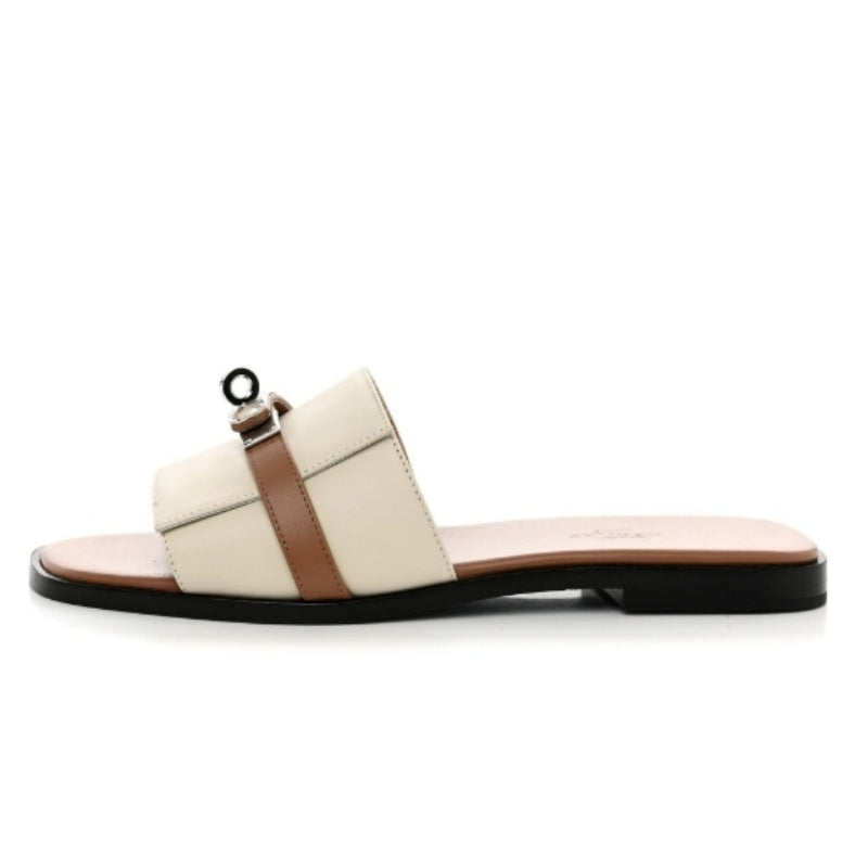 Guilia Sandals White and Beige Square Open Toe Slip-on Style