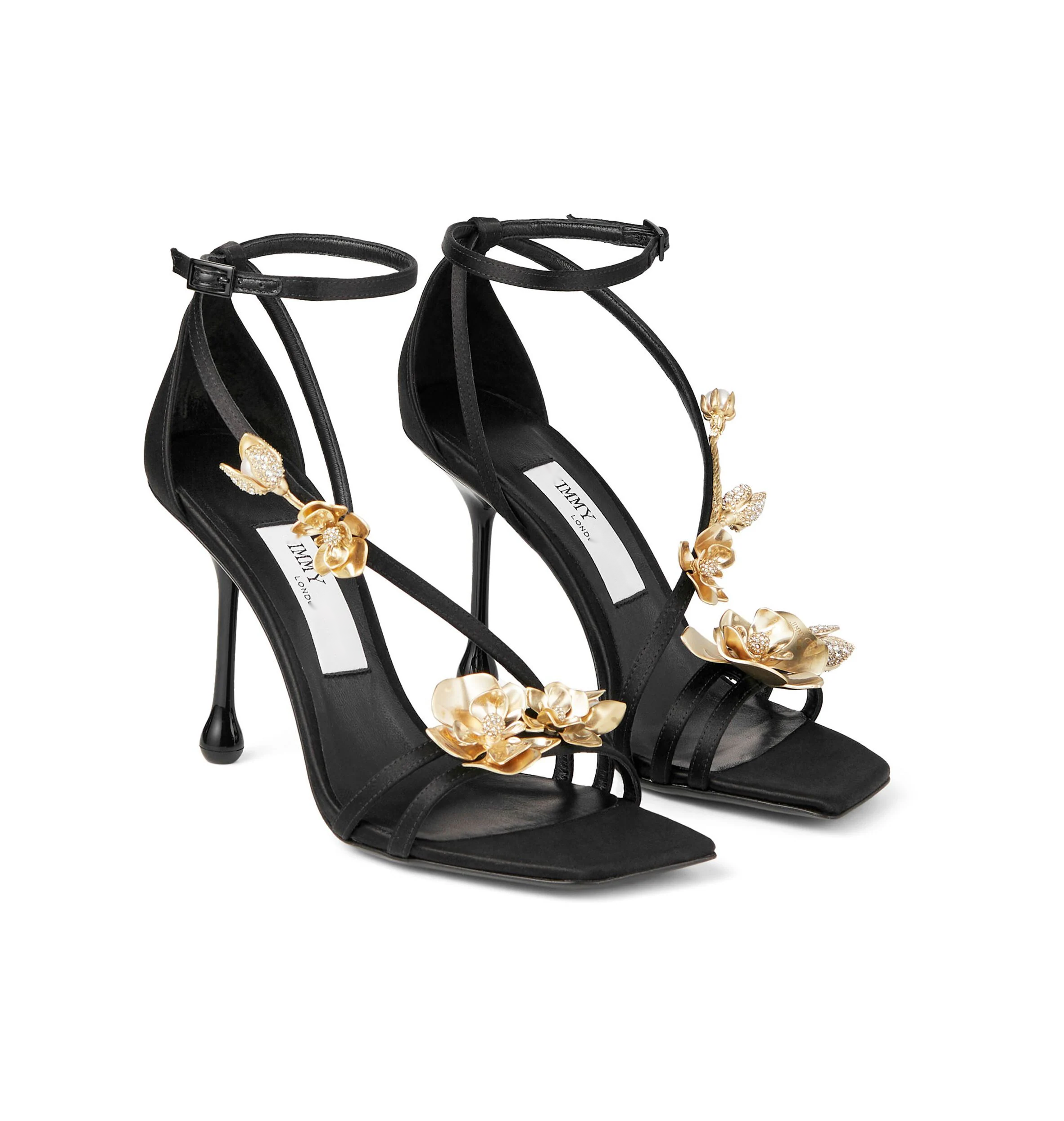 Women's Spring Summer Zea 95 Golden Flower Floral-Embellished Satin Heeled Sandals