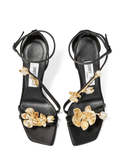 Women's Spring Summer Zea 95 Golden Flower Floral-Embellished Satin Heeled Sandals