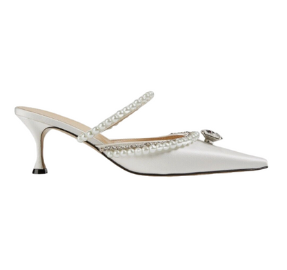 Limited Time Clearance: Women's Diamond and Pearls Satin Kitten Heels Slipers SandalS 65mm/2.5inch White