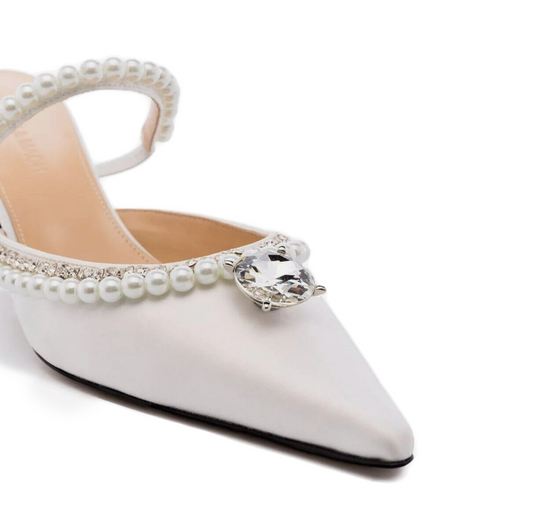 Women's Diamond and Pearls Satin Kitten Heels SliperS SandalS 65mm/2.5inch White