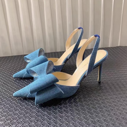 Clearance: Women's Double-Bow Slingback Pumps 8cm/3.15inch Jean High Heels