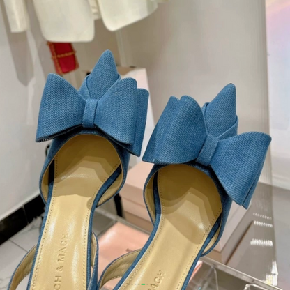 Clearance: Women's Double-Bow Slingback Pumps 8cm/3.15inch Jean High Heels