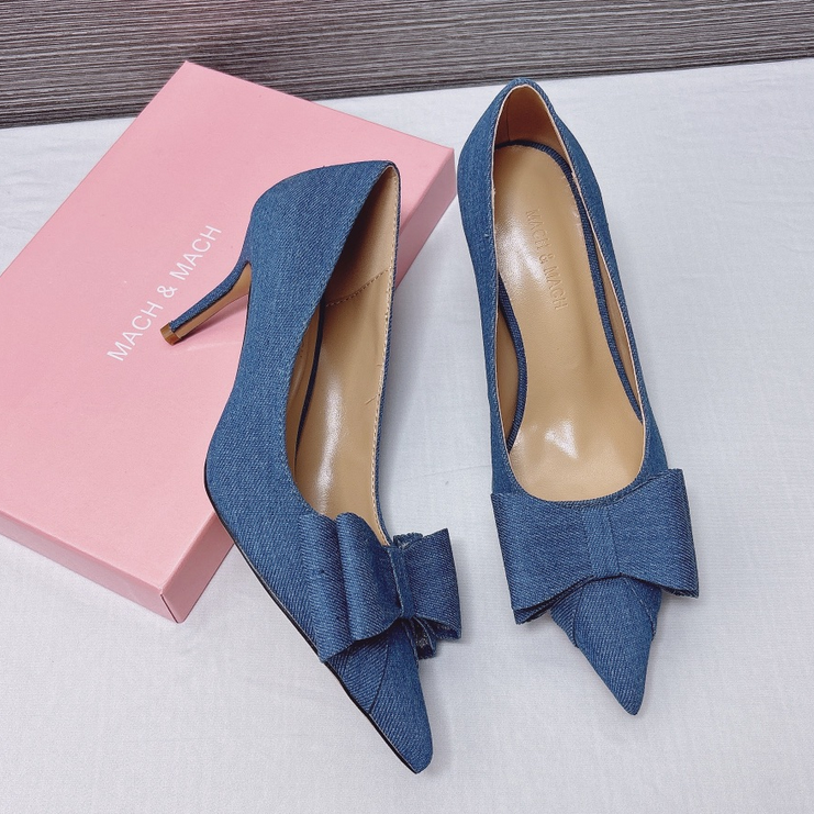 Clearance: Women's Double-Bow Slingback Pumps 8cm/3.15inch Jean High Heels