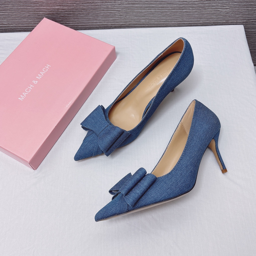 Clearance: Women's Double-Bow Slingback Pumps 8cm/3.15inch Jean High Heels