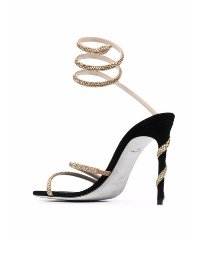 RENE Jewelled Leather Round Toe Spiral Accent Ankle Heeled Sandals