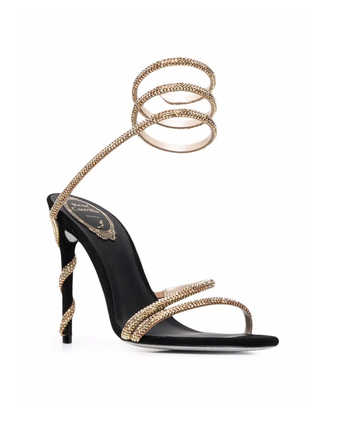 RENE Jewelled Leather Round Toe Spiral Accent Ankle Heeled Sandals