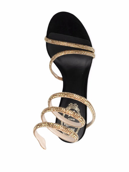 RENE Jewelled Leather Round Toe Spiral Accent Ankle Heeled Sandals