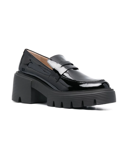 Women's Soho Patent-Leather Loafers Block Heel Round Toe Lug Sole