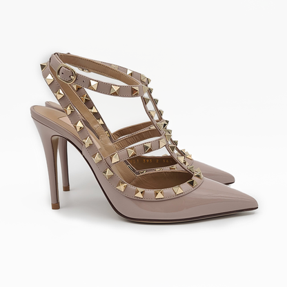 Women's Noir Rockstud Patent-Leather Heeled Sandals Platinum-Plated Pyramid Studs High Heels 3.9"