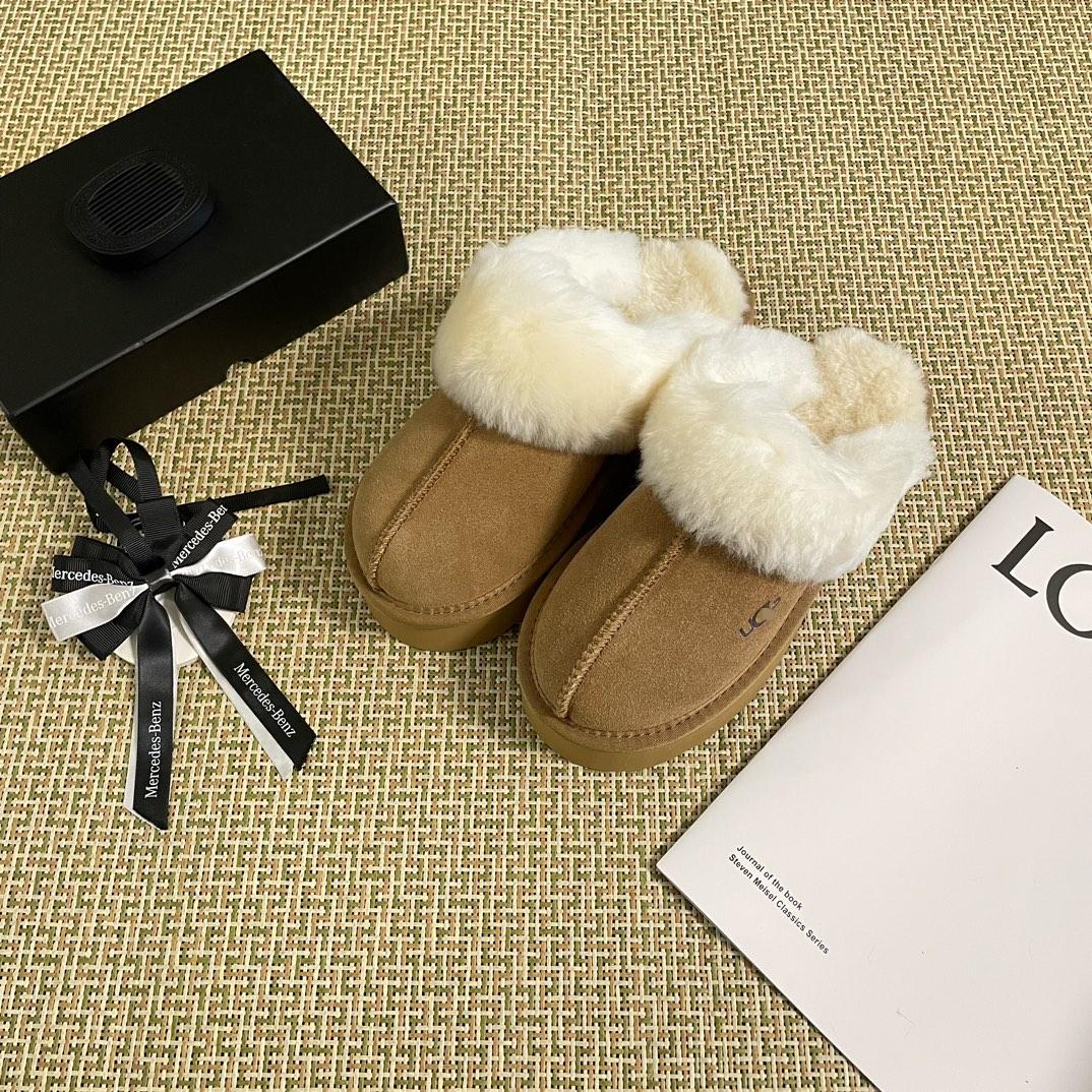 2024 Women's Disquette Suede Upper Slippers with Platform and Fur