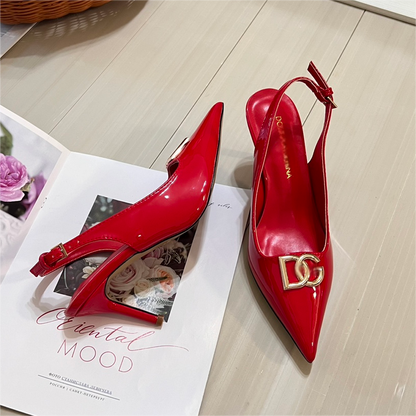 Clearance: Women's 80mm/3.14inch Logo-Plaque Patent-Leather Slingback Pumps